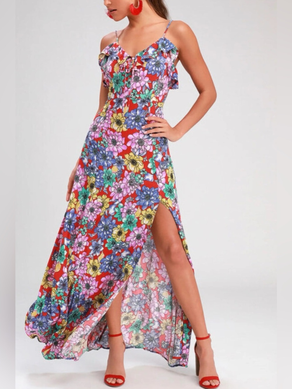 Lulus Dynah Red Floral Print Sleeveless Maxi Dress
